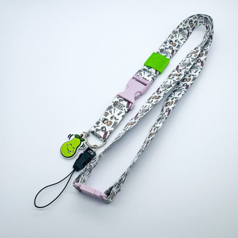 Full-colour dye-sublimation event lanyard with a safety breakaway buckle and rubber charm