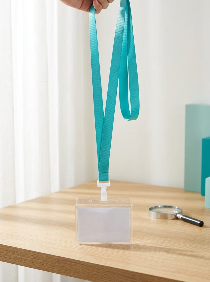 Custom turquoise conference lanyard with a clear ID badge holder for event delegates